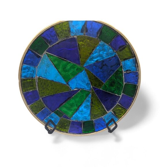 Vtg MCM SIGNED Jon Matin 12" Round Stained Foil Glass Tray/Platter Plate 1950's - Picture 9 of 12